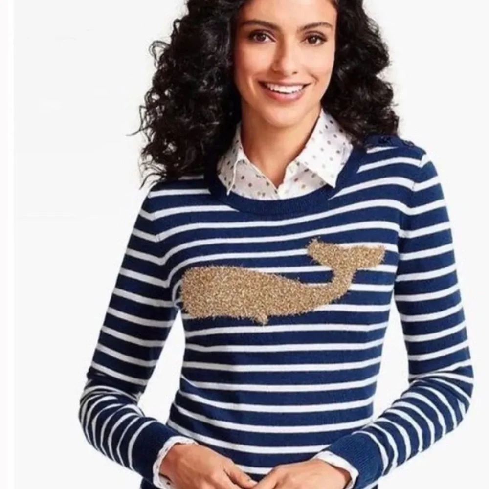 Talbots EUC Striped Metallic Whale Knit Pullover Sweater Navy White Gold M - Picture 2 of 12